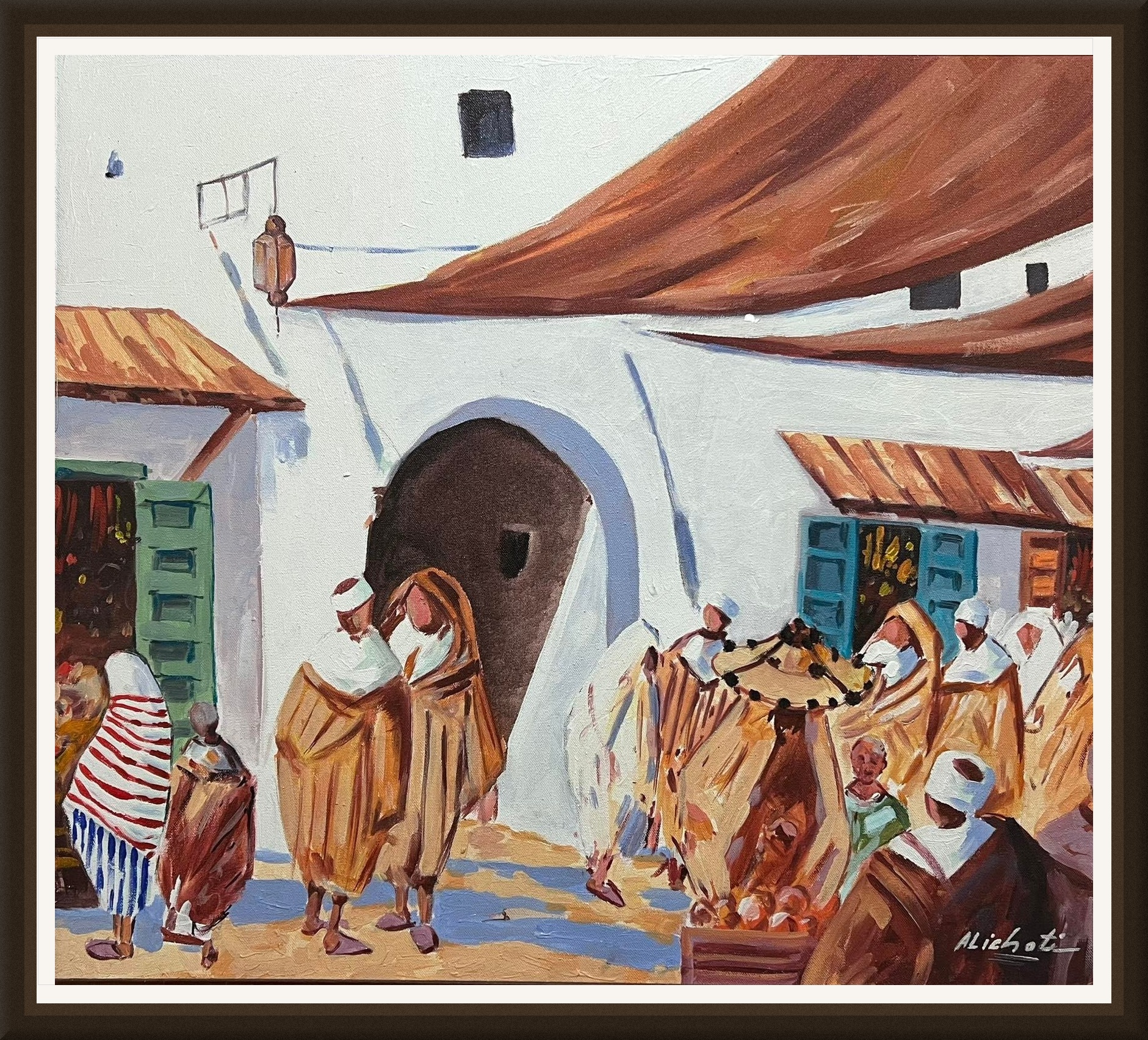 Tableau souk marocain en médina lumineuse