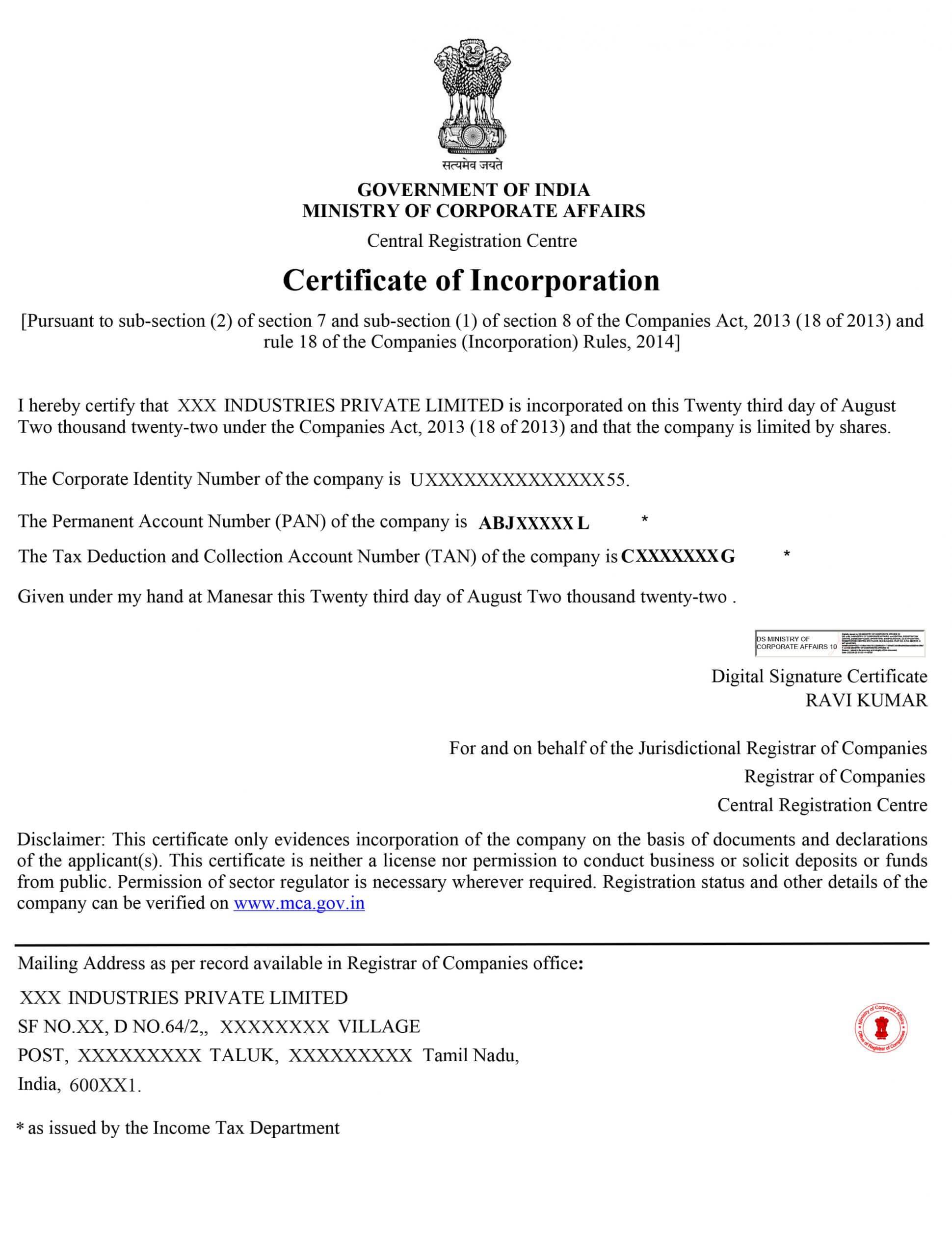 OPC Registration In Lucknow 23 Incorporation Certificate Sample