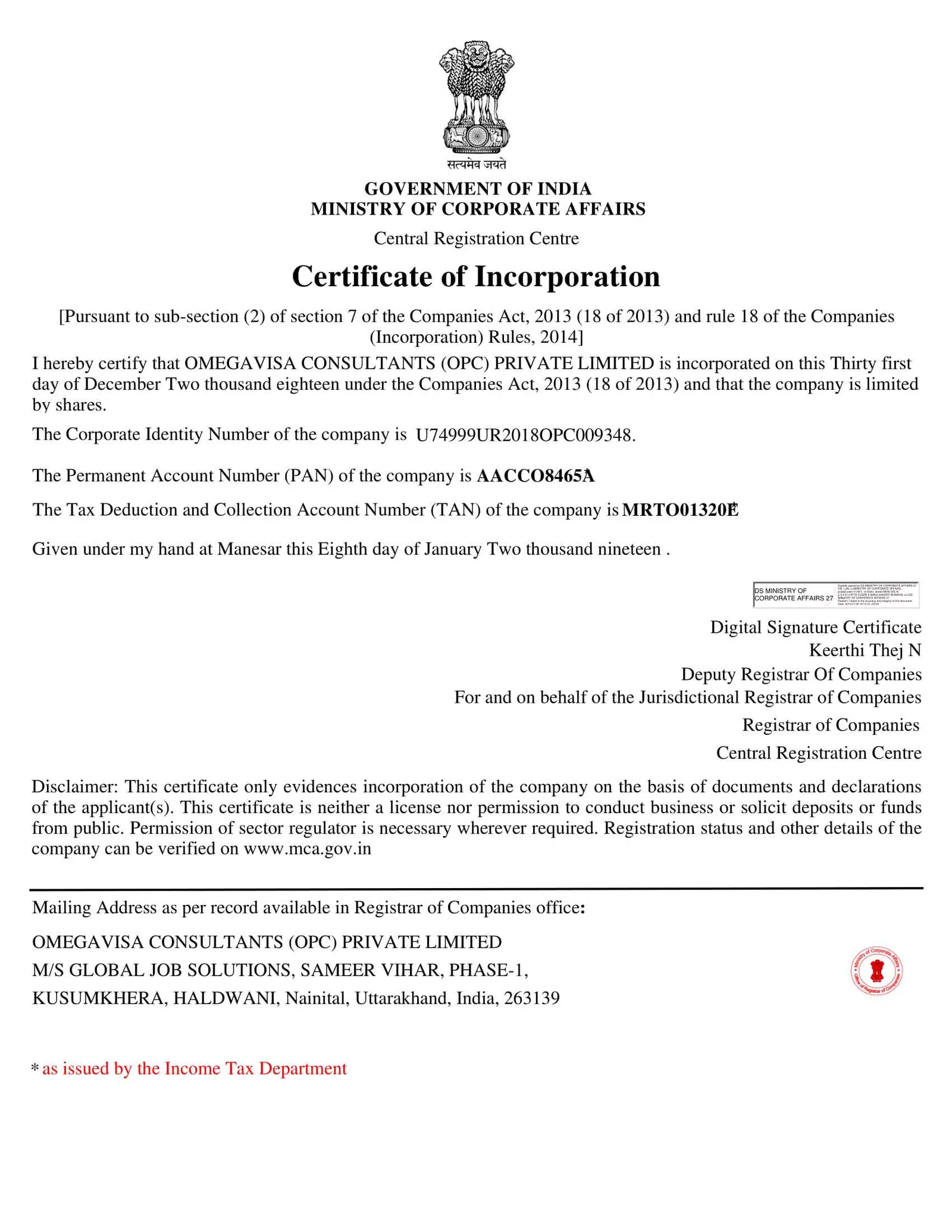 Incorporation Certificate of Pvt Ltd Company Registration