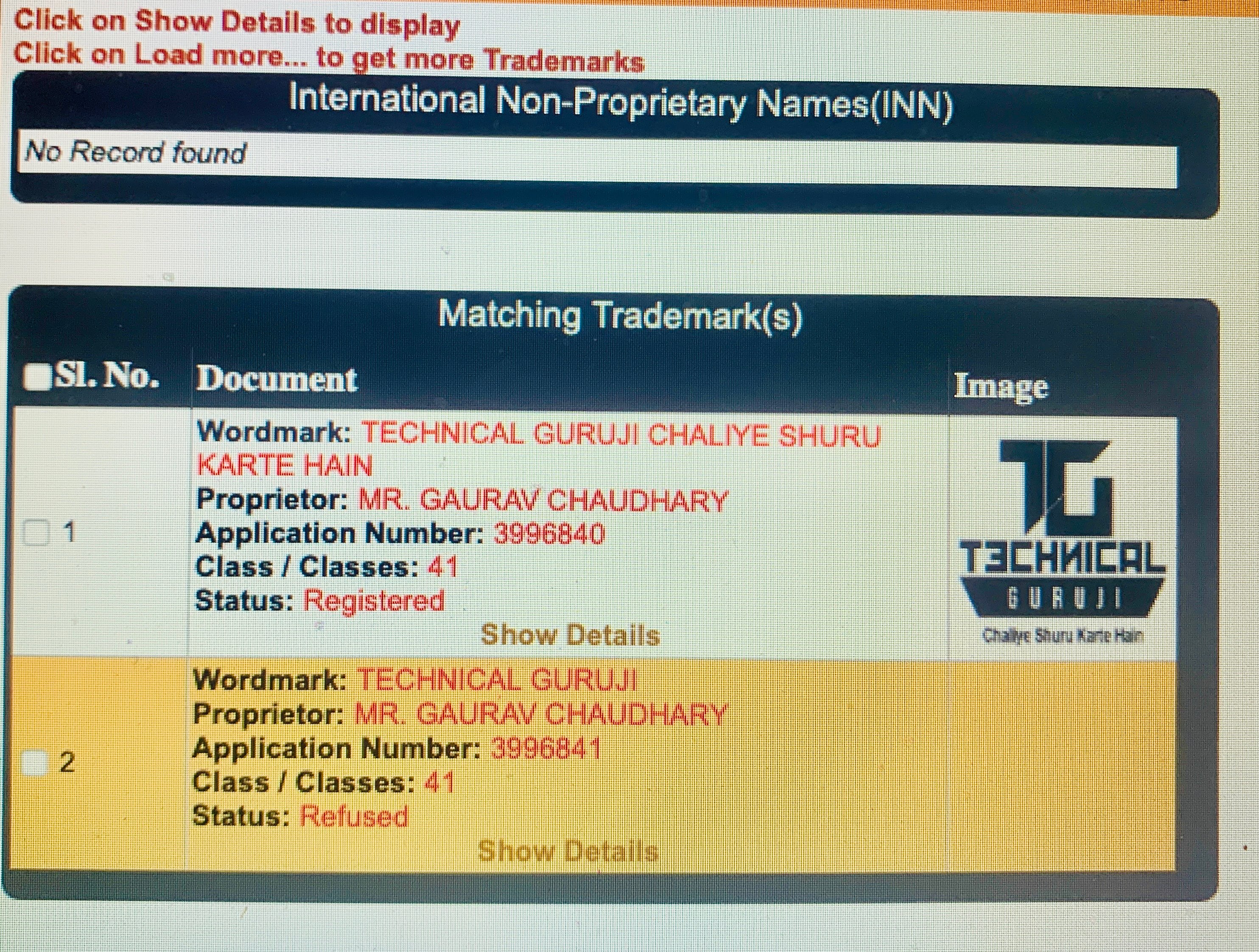 Youtuber Technical Guru ji Trademark registration Detail