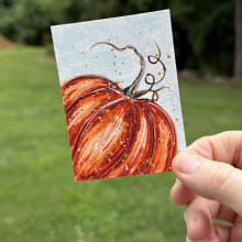 ACEO #64  Big Orange Pumpkin, watercolor detail image 2 by ScaryHairLadyArt