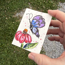 ACEO #05 Blue Purple Butterfly with pink Flower detail image 2 by ScaryHairLadyArt