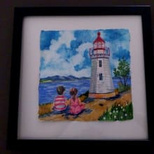Children at the Lighthouse - Original Acrylic Painting detail 1