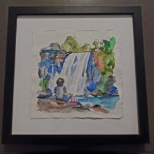 Thinking at the Waterfall Original Ink and Watercolour Painting detail 1