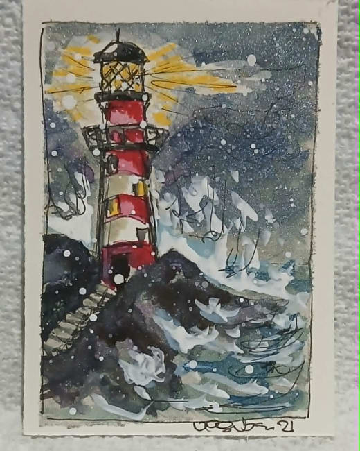 Stormlit Lighthouse – Hand‑Painted OOAK ACEO