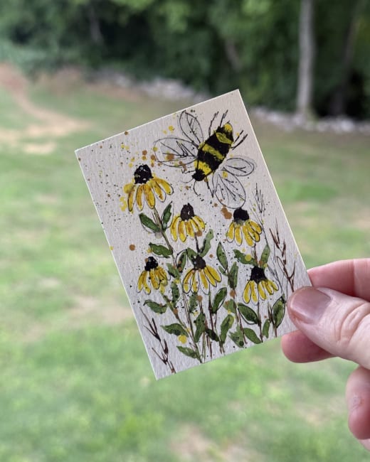 ACEO #31 Watercolor Bee, Honey Bee, Sunflowers, Daisy