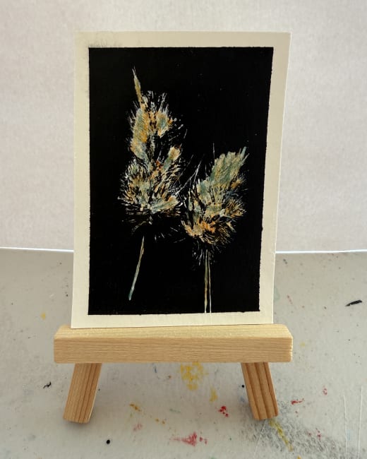Original Botanical Monoprint Black Gold Grass Seed Acrylic Nature Art Card