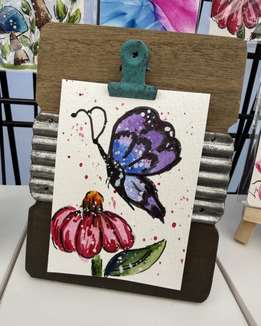 ACEO #05 Blue Purple Butterfly with pink Flower