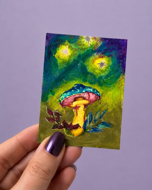 Original ACEO Muchroom  Mixed Media Painting –  Art Card – Wanda Fitzgerald