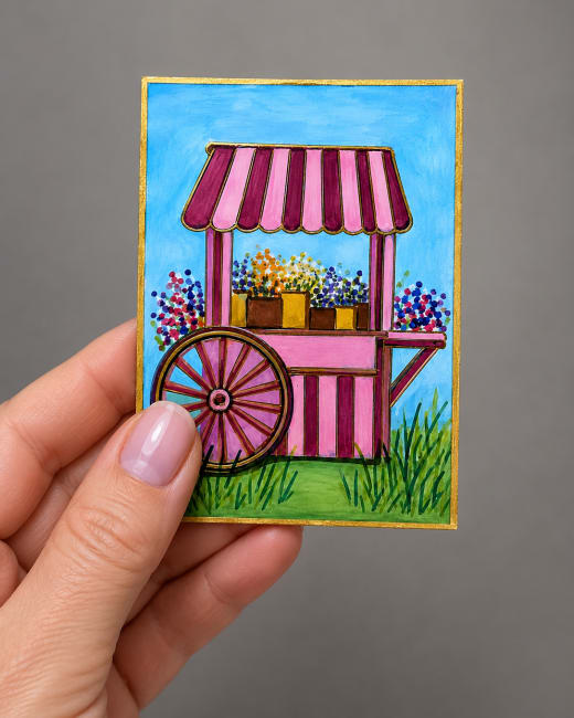 ACEO Original Art 2.5" x 3.5"  Mixed Media Flower Cart By Wanda Fitzgerald