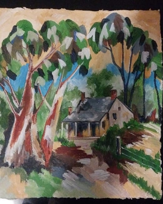 Cabin in the Woods Original Acrylic Painting by RAYLENE WILLIAMS