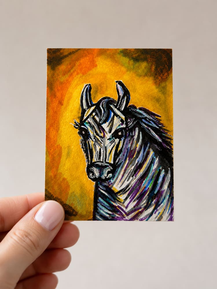 ACEO Original Mixed Media Painting - Zebra-  2.5x3.5 By Wanda Fitzgerald, Animals ACEO by Wanda Fitzgerald
