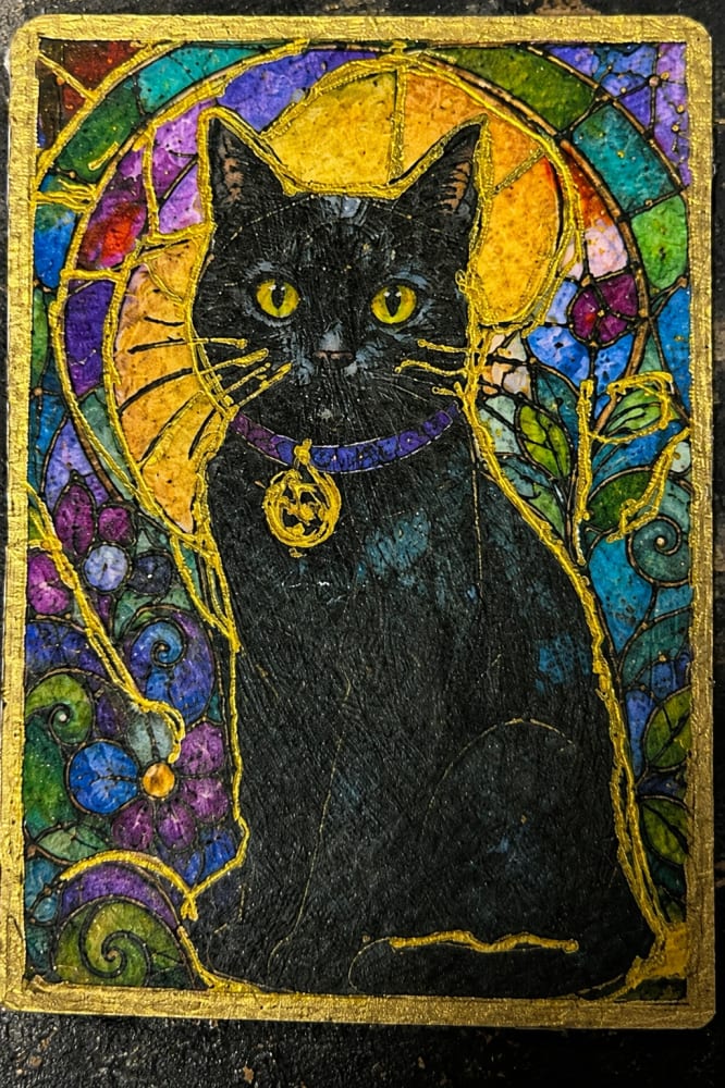 ACEO Print Cat In Mixed Media Original Art 2.5x3.5 By Wanda Fitzgerald, Whimsical ACEO by Wanda Fitzgerald