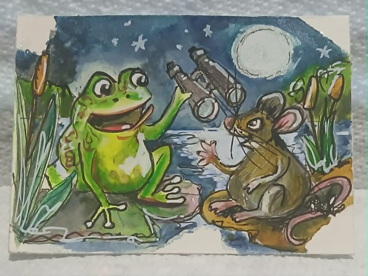 Pond Folk Community Daddy Frog and Mouse, Whimsical ACEO by Virginia