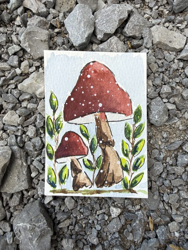 #39 Red Mushroom, Whimsical ACEO by ScaryHairLadyArt