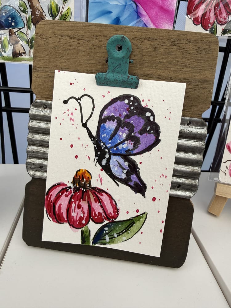 ACEO #05 Blue Purple Butterfly with pink Flower, Nature ACEO by ScaryHairLadyArt