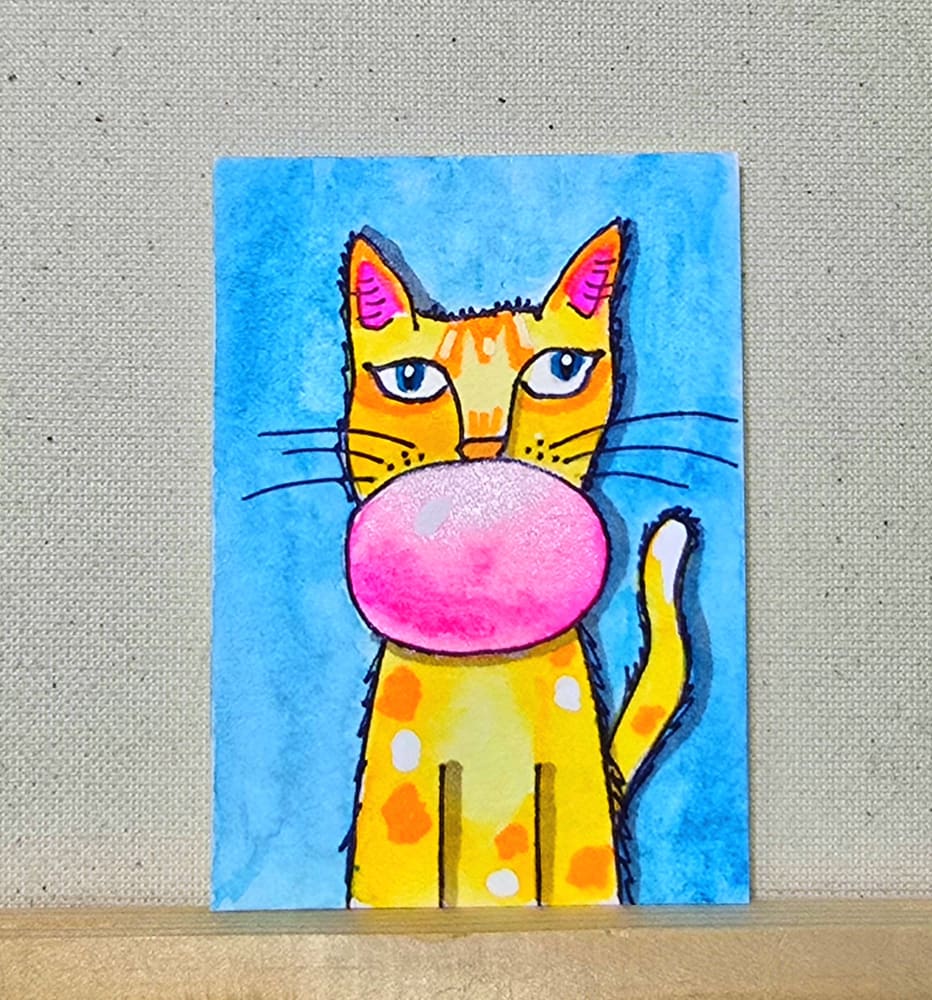 Ginger Cat Blows A Bubble, Animals ACEO by Jo Claire Hall