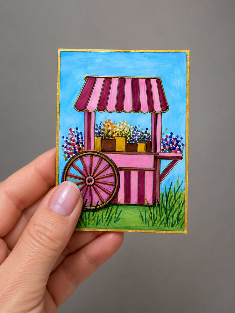 ACEO Original Art 2.5" x 3.5"  Mixed Media Flower Cart By Wanda Fitzgerald, Whimsical ACEO by Wanda Fitzgerald