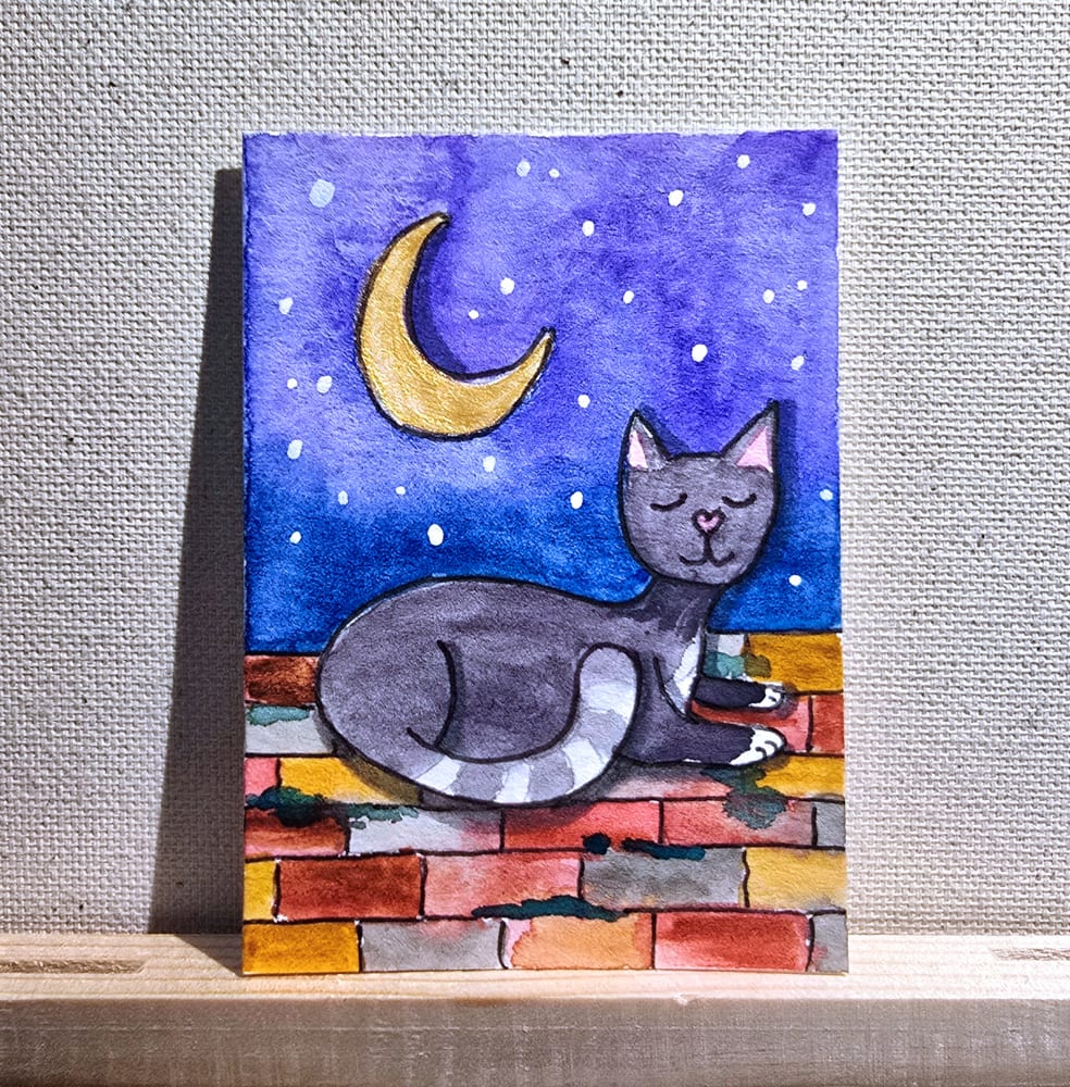 Moon and Cat, Animals ACEO by Jo Claire Hall