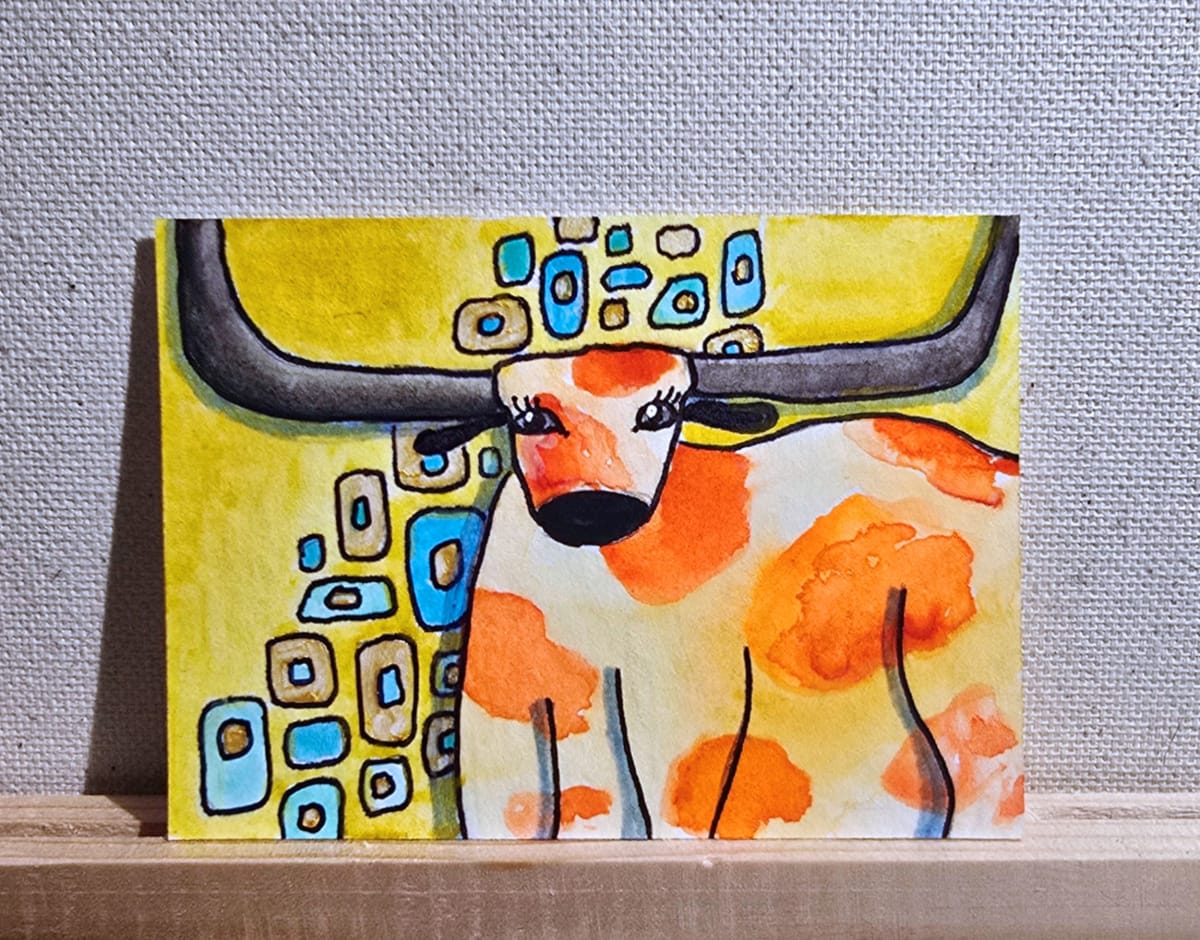 Longhorn With Turquoise Klimt, Animals ACEO by Jo Claire Hall