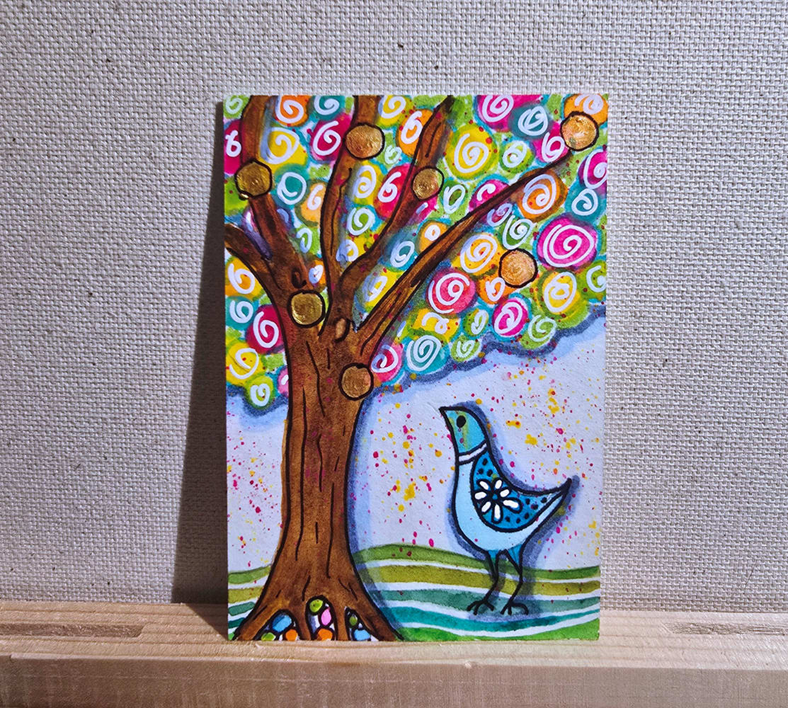 Blue Bird with Happy Tree, Animals ACEO by Jo Claire Hall