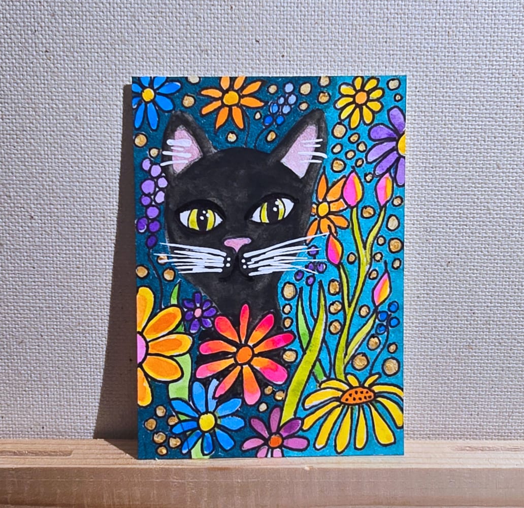 Black Cat in the Garden, Animals ACEO by Jo Claire Hall