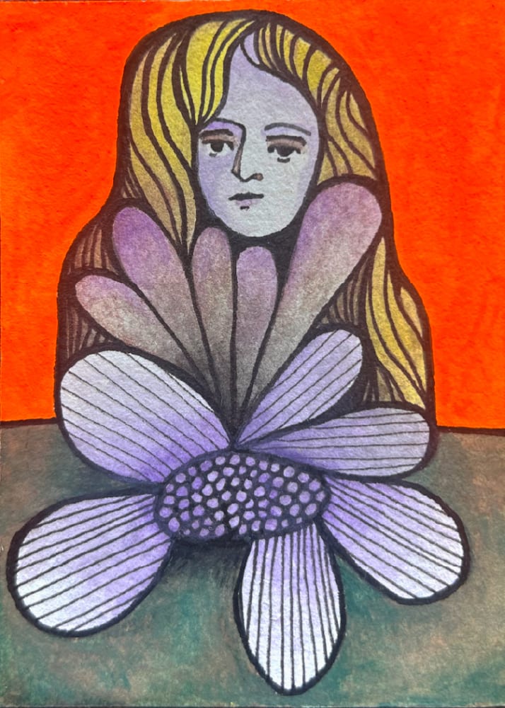 Woman with Flower Series 1/2 "Petals", Whimsical ACEO by Julia