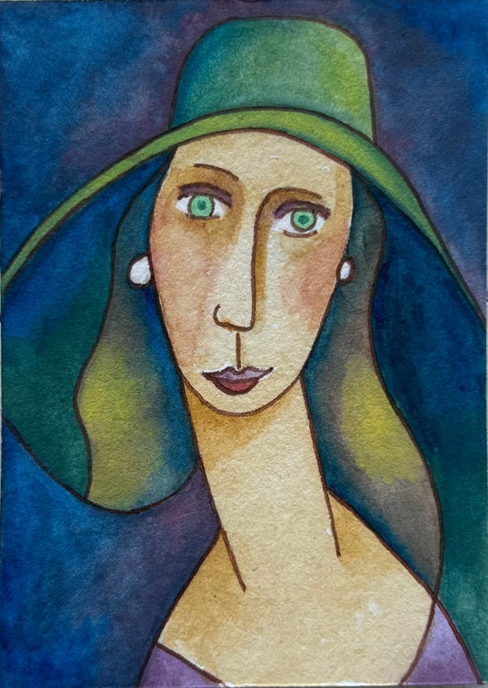 Woman in Big Hat, Whimsical ACEO by Julia | Holland Park Studio