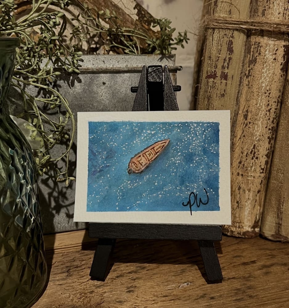 Original Artwork “Lone Boat” Watercolor and Pen, Nature ACEO by Patricia Waldo