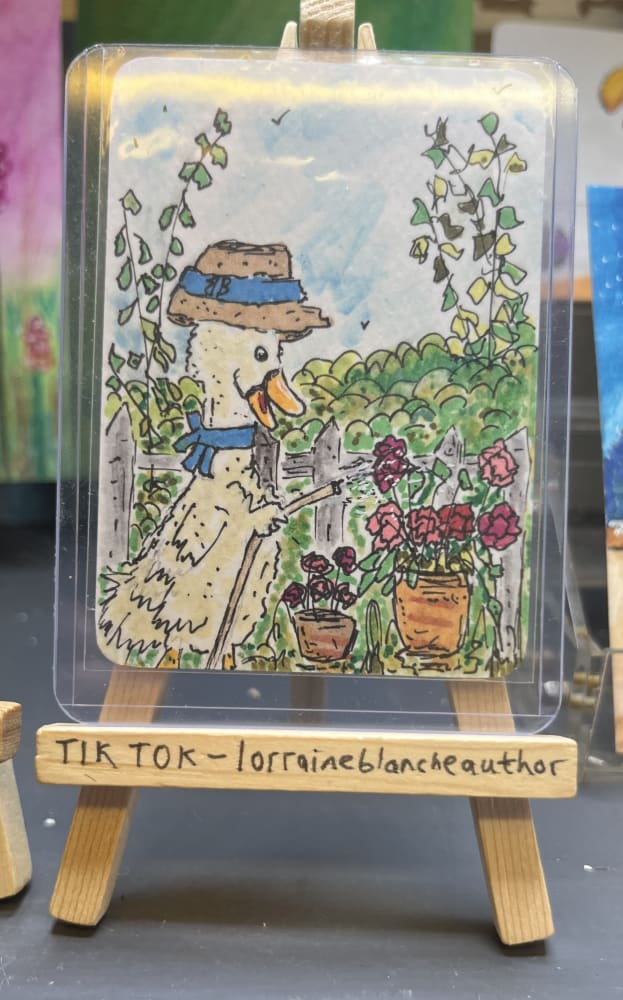 The Watering Flowers Duck, Animals ACEO by Lorraine Blanche