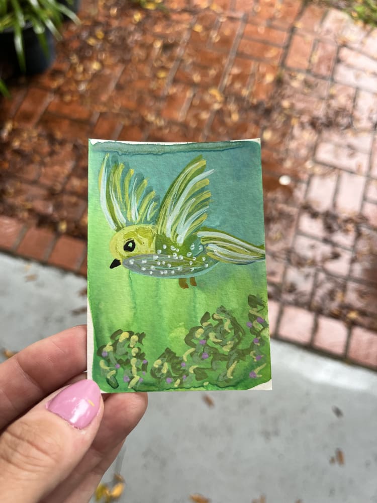 Green bird in flight, Animals ACEO by Katie Jopling
