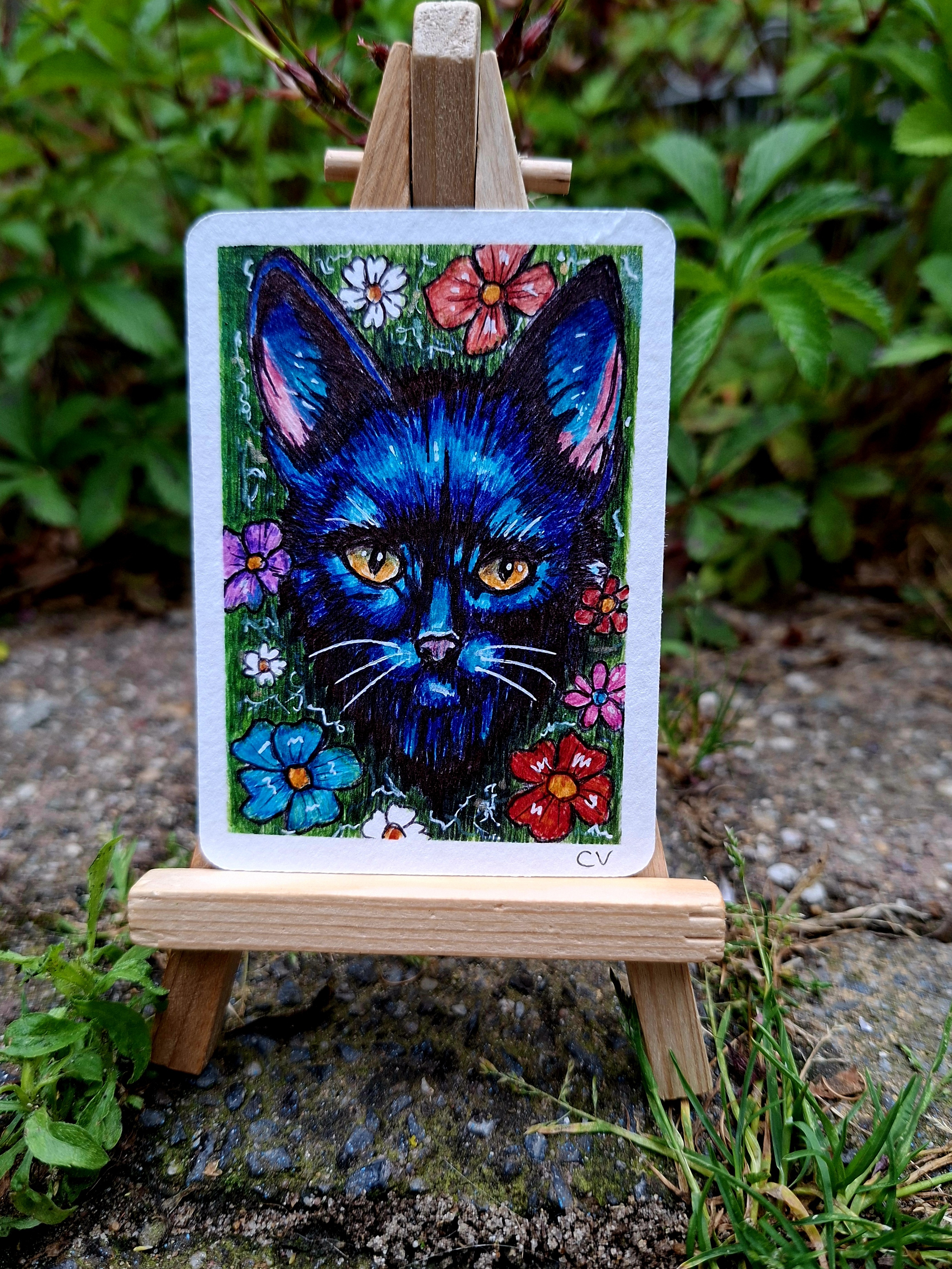 Black cat drawn with ballpoint pen, Pop Art ACEO by Chan_nl_art