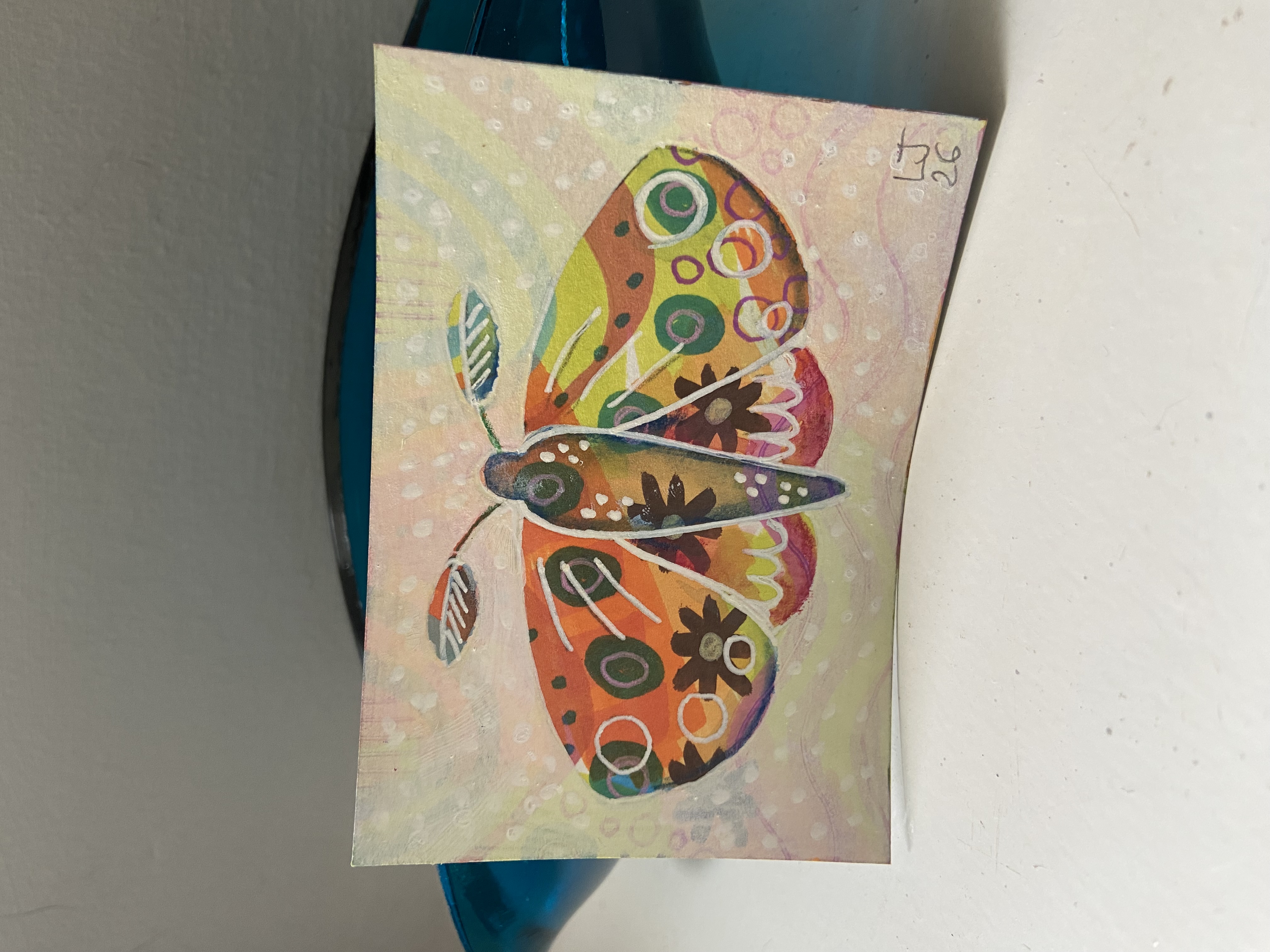 ACEO original painting acrylic folk art moth butterfly insect, Animals ACEO by Lou Johns