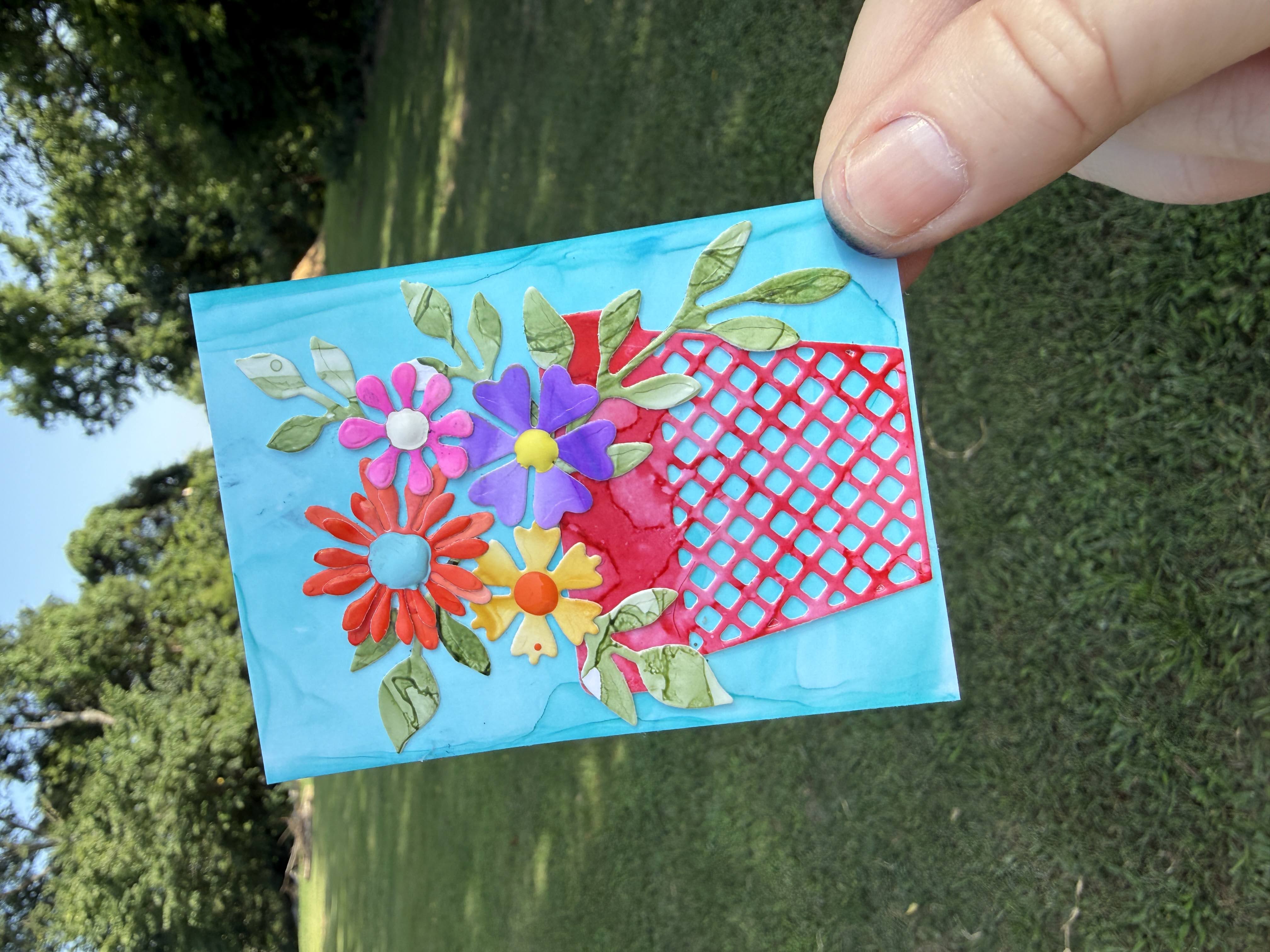 ACEO #103 Alcohol Ink Paper Pot of Flowers, Botanical ACEO by ScaryHairLadyArt