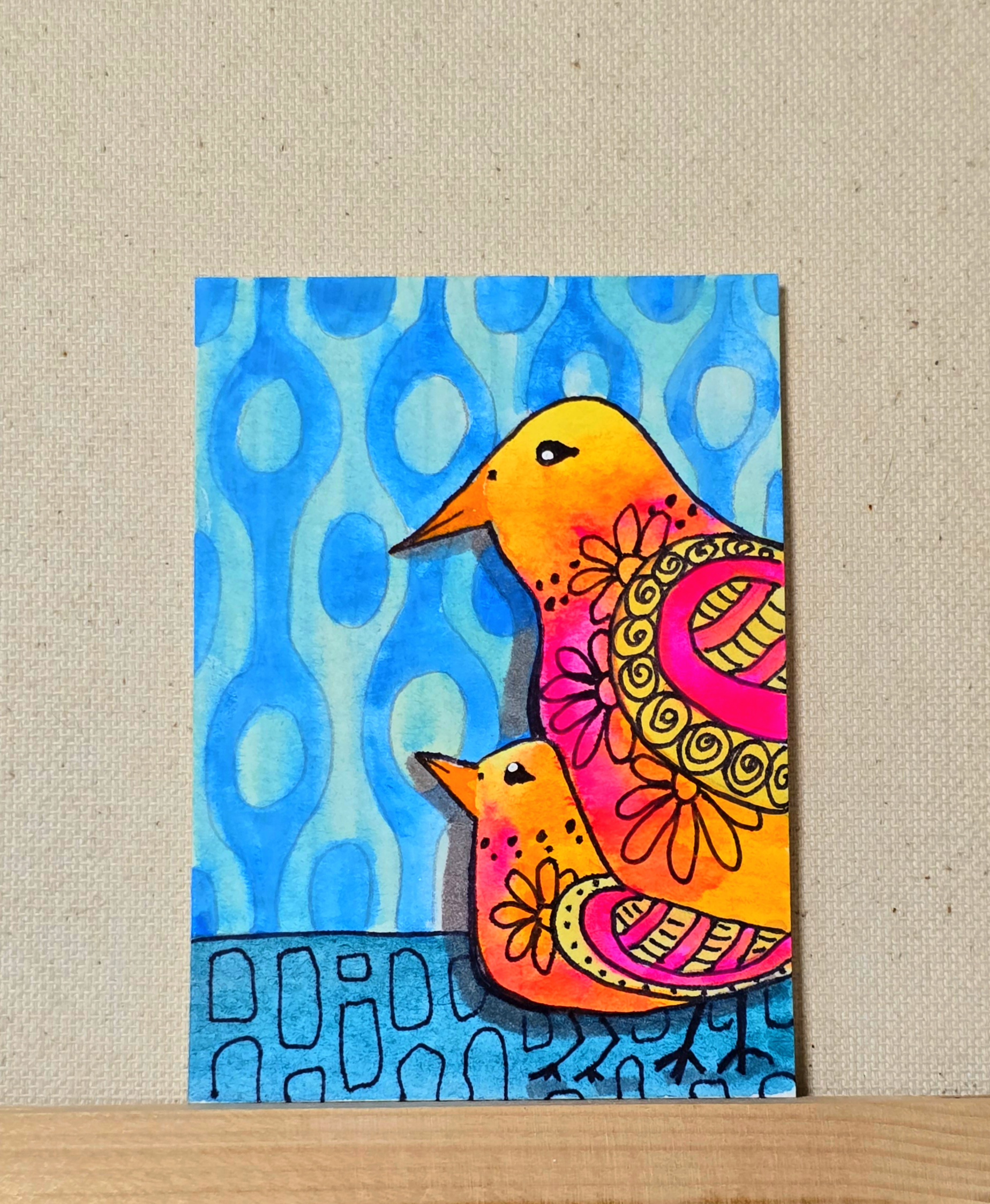 Mama Bird Baby Bird, Animals ACEO by Jo Claire Hall