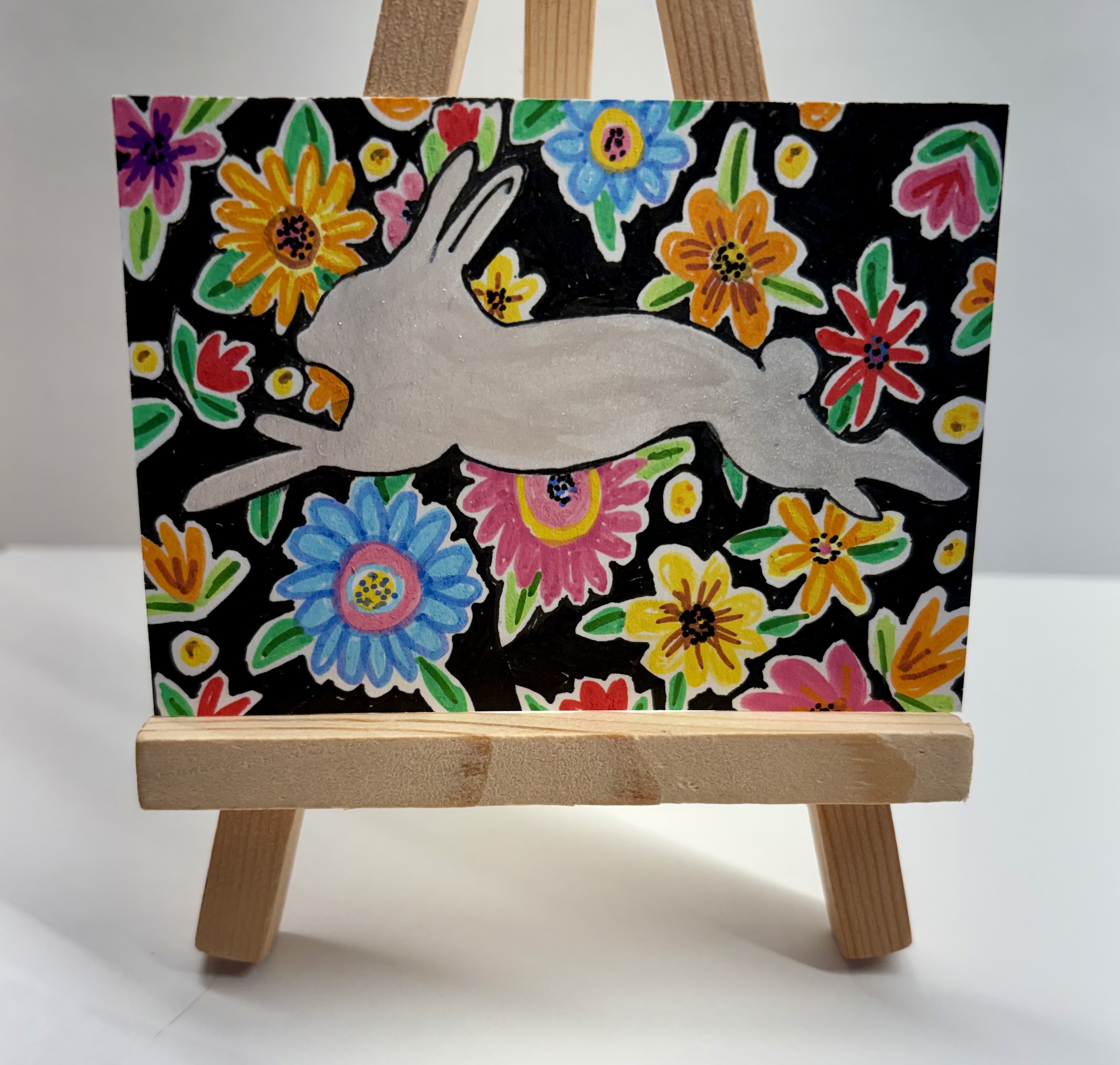 White Rabbit With Flowers, Animals ACEO by TiniArtDesigns