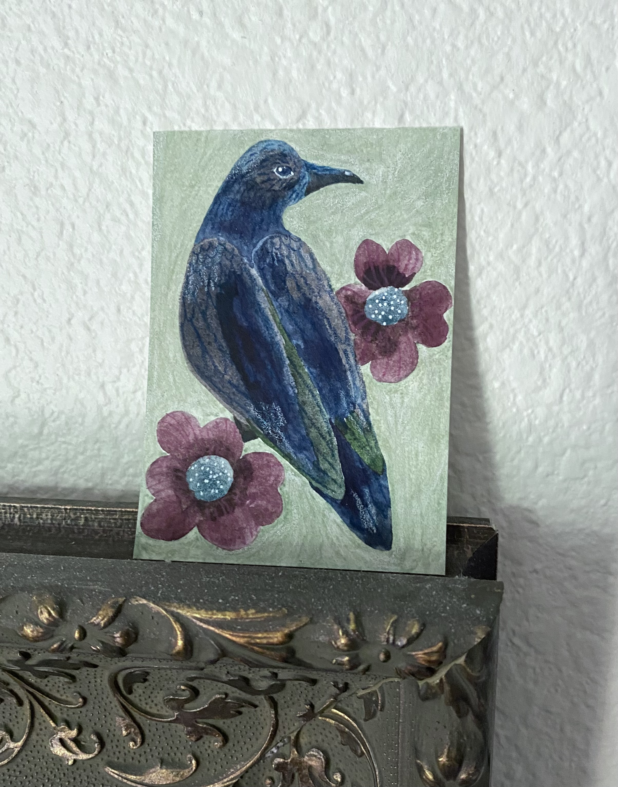 Black Bird with Flowers, Animals ACEO by Joni M Russell