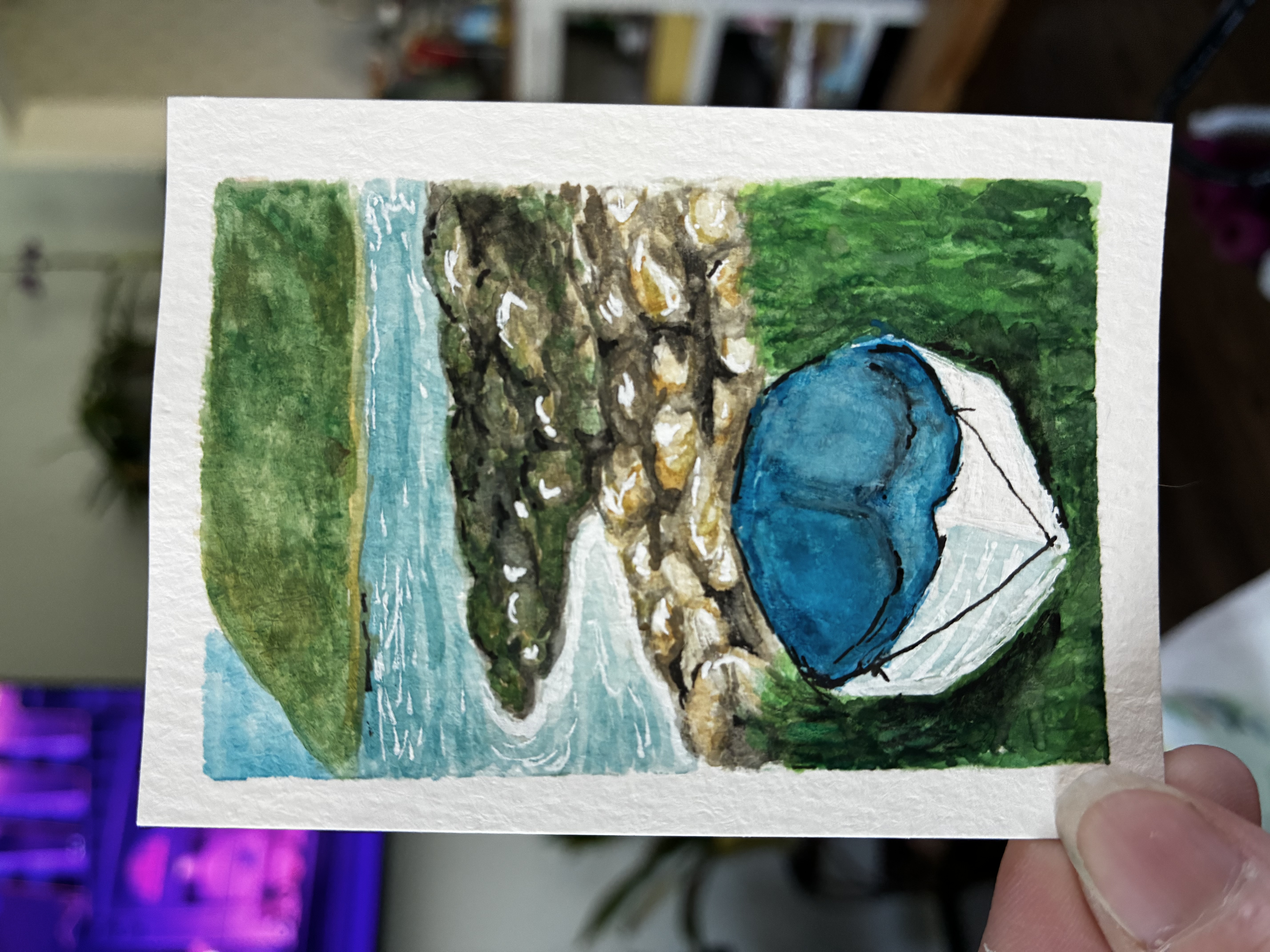 Rowboat by a mountain lake, Nature ACEO by Kelly Ospina