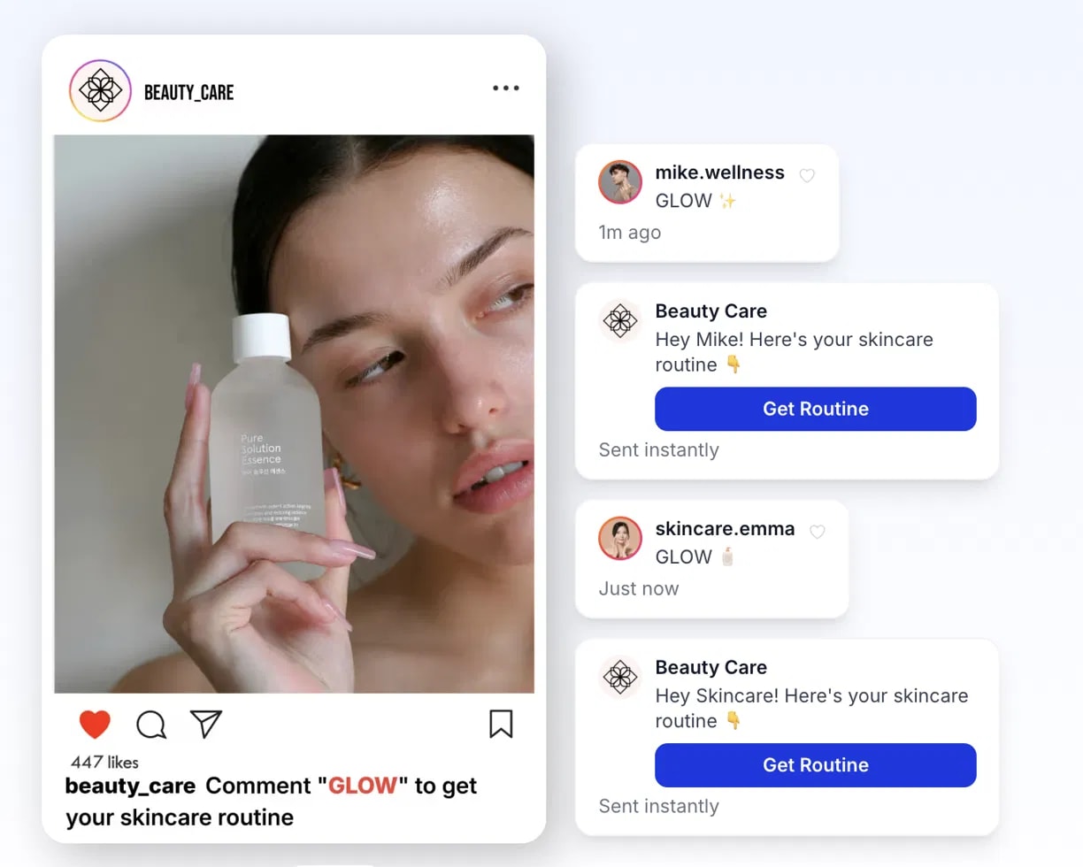 Instagram comment-to-DM automation example: a user comments FASHION on a post and instantly receives a DM with a link
