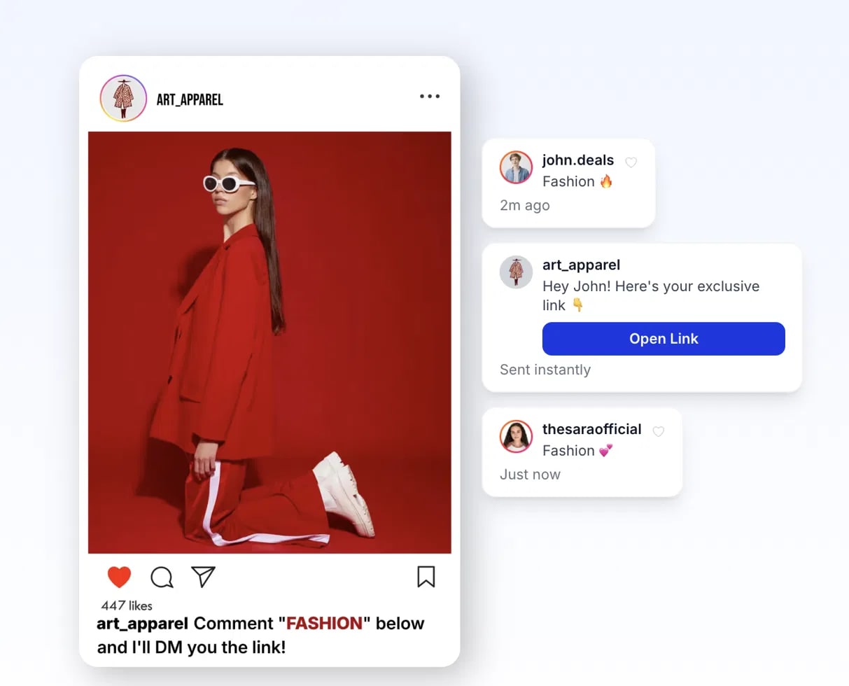 Instagram comment-to-DM automation handling multiple users at once: people comment GLOW and each instantly receives a skincare routine DM