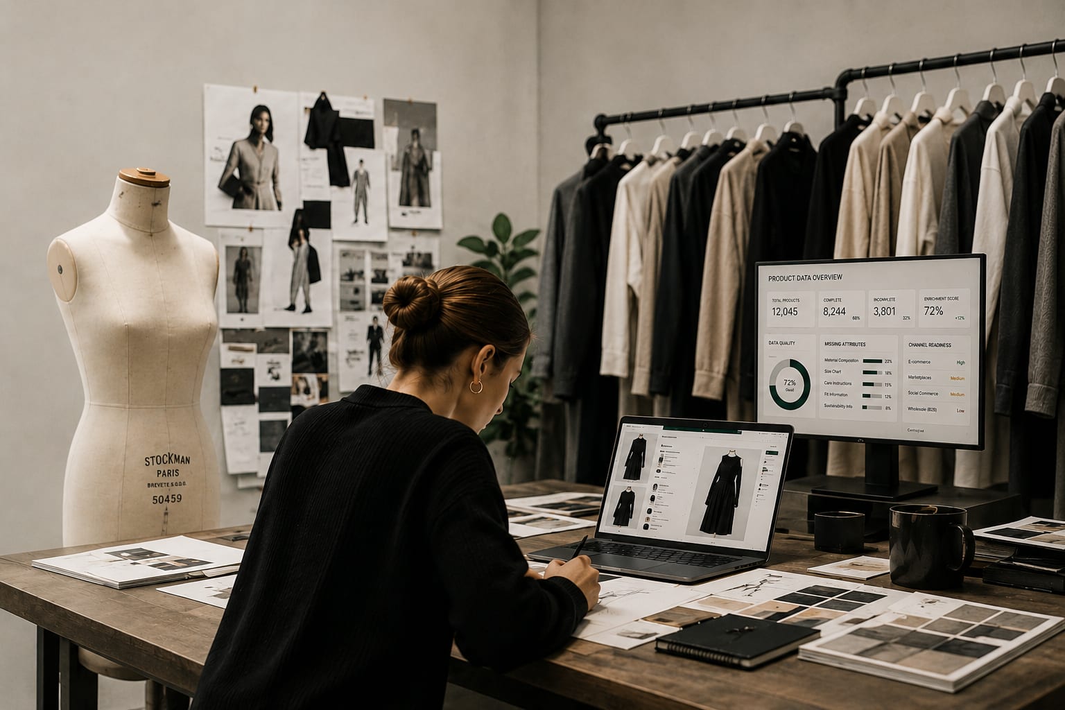 Fashion professional working with product data and digital fashion tools.