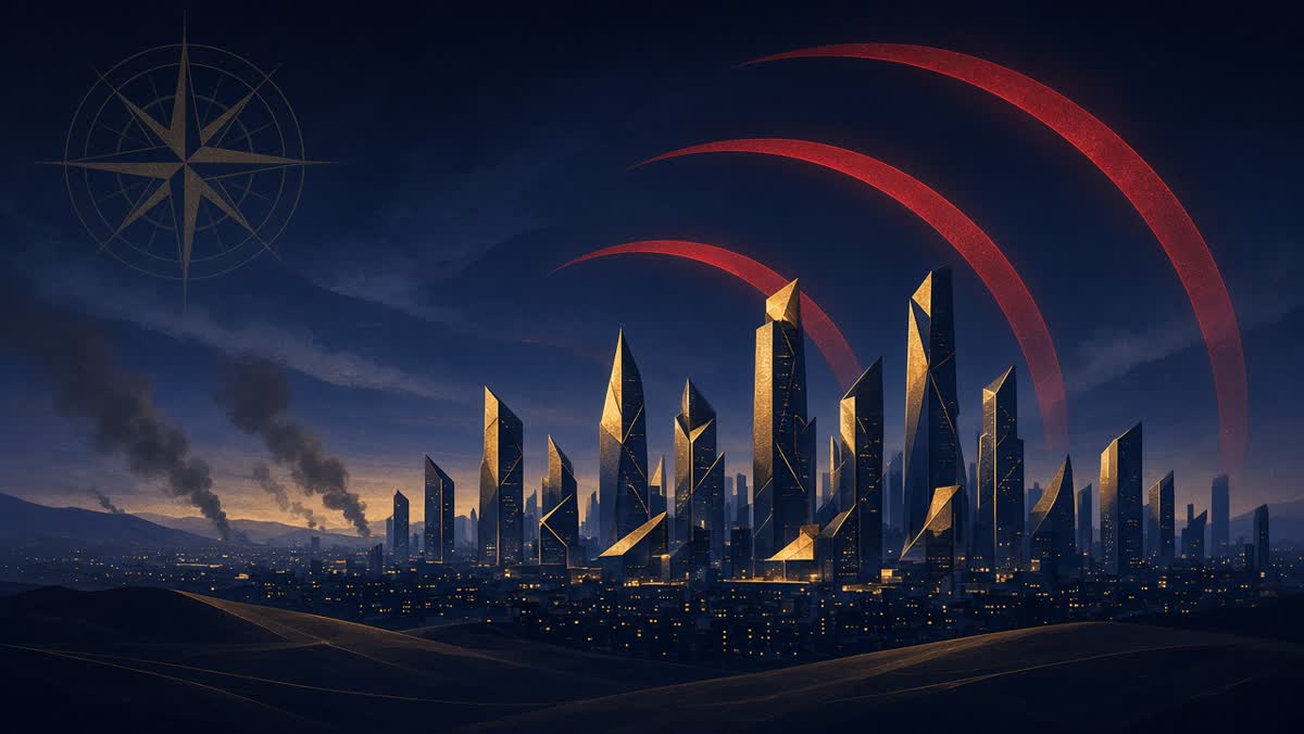 Conceptual night skyline with alert arcs over a desert capital — Riyadh air-raid scare