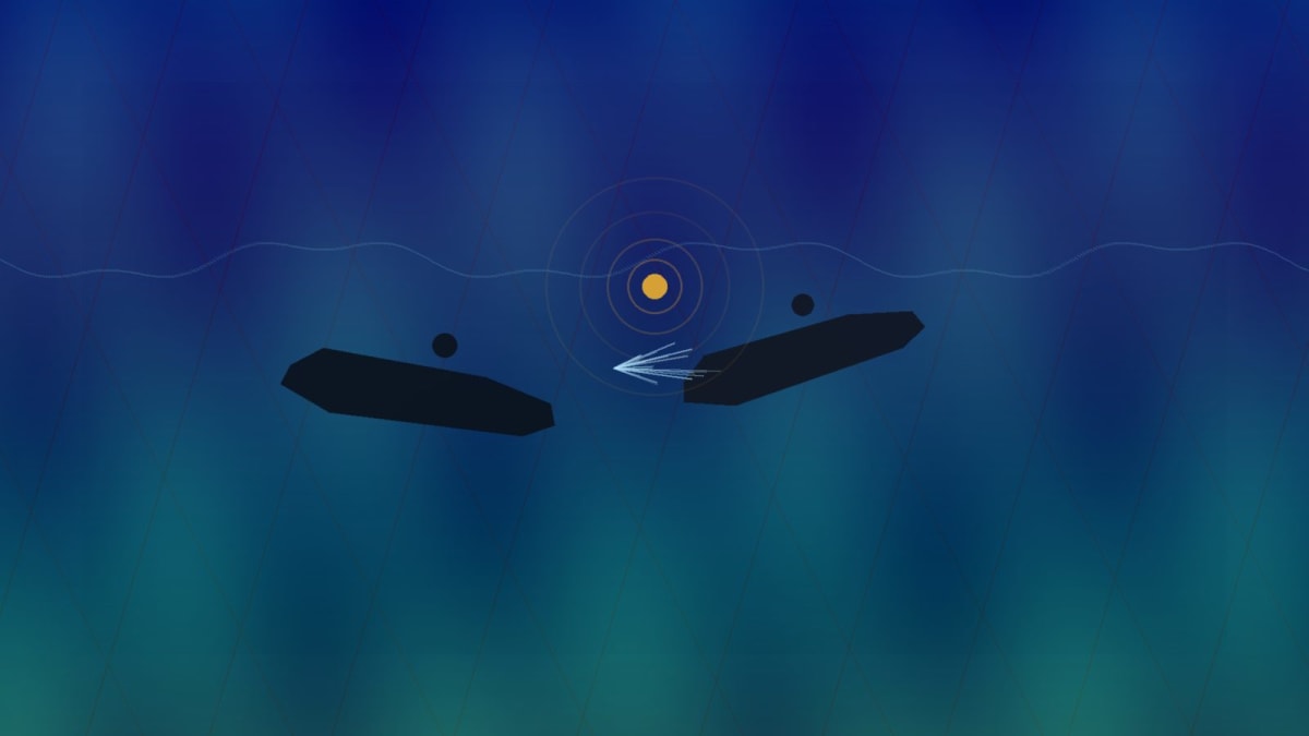 Abstract geometric ship silhouettes on a fractured blue-green sea with amber warning-light rings, symbolising South China Sea maritime confrontation; no people or flags