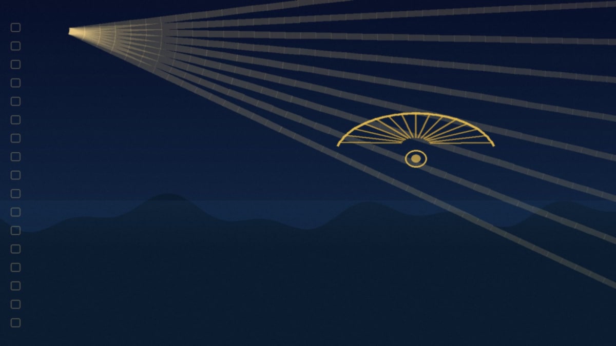 Abstract golden scallop-shell motif over a dark Basque coastal silhouette with cinema light beams; San Sebastián film festival concept, no people