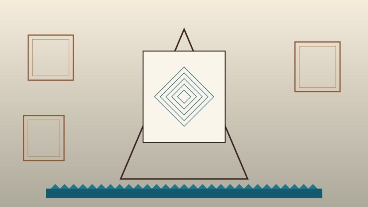 Conceptual editorial illustration of an abstract studio easel with Nile-inspired geometric motifs and warm desert light, no people