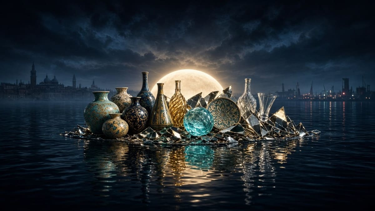 Conceptual editorial illustration of luminous handcrafted vessels and mirror shards on dark lagoon water under a rising moon of light, no people