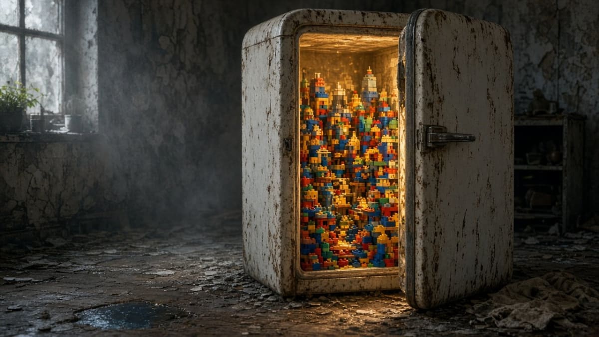 Conceptual editorial illustration of a vintage refrigerator door cracked open to reveal a glowing miniature brick city of coloured geometric towers and tiny windows, no people