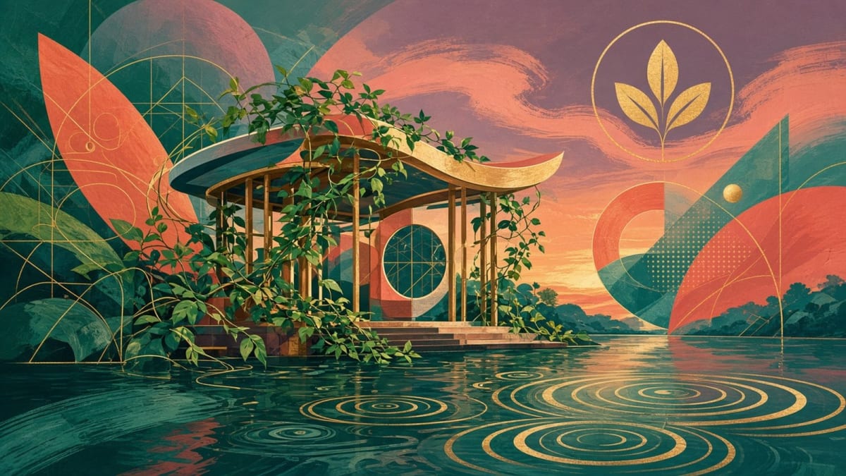 Vine-wrapped design pavilion over Mekong ripples with geometric leaf motifs at tropical dusk, no people