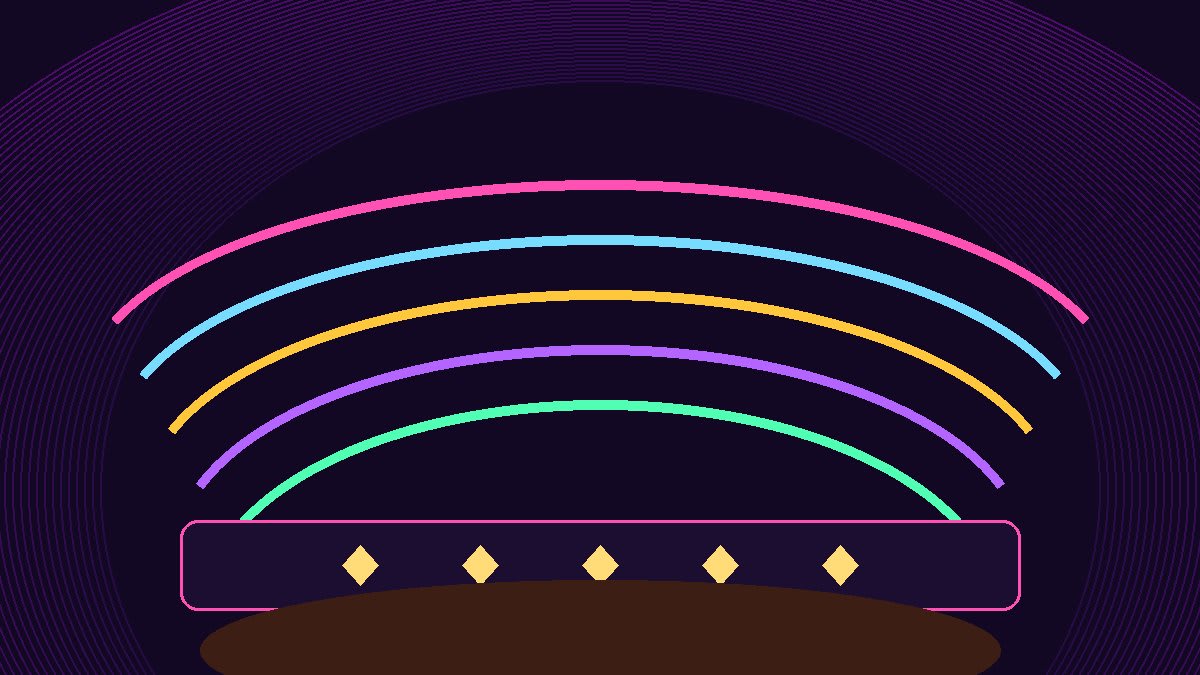 Editorial cover: five interlocking neon arcs over a desert-violet arena silhouette for LE SSERAFIM iHeartRadio 2026 first girl-group set.