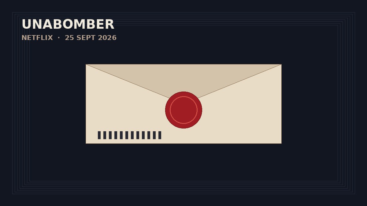 Editorial cover: sealed kraft envelope with crimson circular seal on deep navy field for Unabomber Netflix premiere.